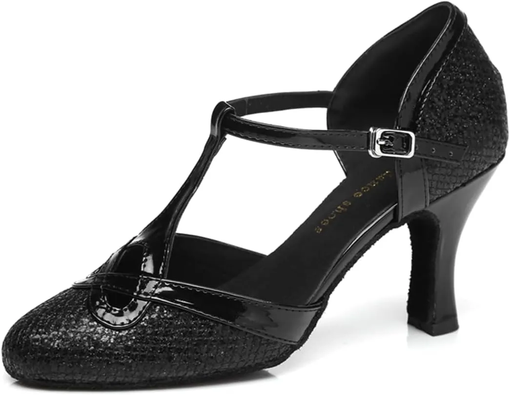 Women's Stylish Closed-Toe Synthetic Glitter Material Ballroom Tango Party Wedding Practice Professional Dance Shoes L341 Black US 9