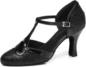 Women's Stylish Closed-Toe Synthetic Glitter Material Ballroom Tango Party Wedding Practice Professional Dance Shoes L341 Black US 9