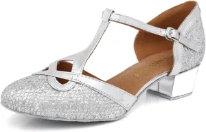 Women's Stylish Closed-Toe Synthetic Glitter Material Ballroom Tango Party Wedding Practice Professional Dance Shoes L341 Silver US 5