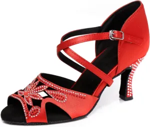 Women's Stylish Glitter Rhinestones Peep Toe Satin Ballroom Tango Party Wedding Professional Dance Shoes Red US 5.5