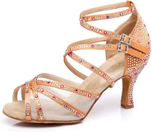 Women's Stylish Sparkle Rhinestones Peep Toe Satin Ballroom Jazz Party Wedding Practice Dance Shoes Orange Yellow US 10