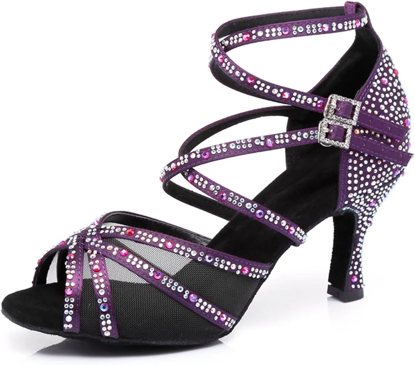 Women's Stylish Sparkle Rhinestones Peep Toe Satin Ballroom Jazz Party Wedding Practice Dance Shoes Purple US 7.5