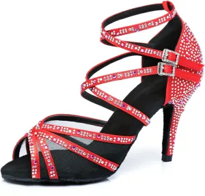 Women's Stylish Sparkle Rhinestones Peep Toe Satin Ballroom Jazz Party Wedding Practice Dance Shoes Red US 10