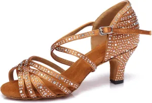 Women's Stylish Sparkle Rhinestones Peep Toe Satin Ballroom Jazz Party Wedding Practice Professional Dance Shoes Bronze US 4
