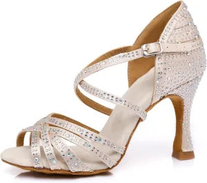 Women's Stylish Sparkle Rhinestones Peep Toe Satin Ballroom Jazz Party Wedding Practice Professional Dance Shoes Nude US 9