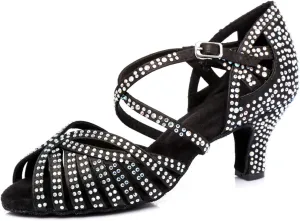 Women's Stylish Sparkle Rhinestones Peep Toe Satin Ballroom Jazz Tango Modern Party Wedding Professional Dance Shoes Black US 4.5