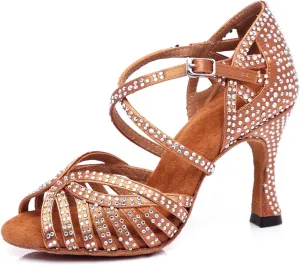 Women's Stylish Sparkle Rhinestones Peep Toe Satin Ballroom Jazz Tango Modern Party Wedding Professional Dance Shoes Bronze US 7.5