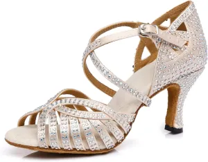 Women's Stylish Sparkle Rhinestones Peep Toe Satin Ballroom Jazz Tango Modern Party Wedding Professional Dance Shoes Nude US 10.5