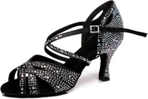 Women's Stylish Sparkle Rhinestones Peep Toe Satin Ballroom Modern Tango Party Wedding Performence Dance Shoes Black US 4