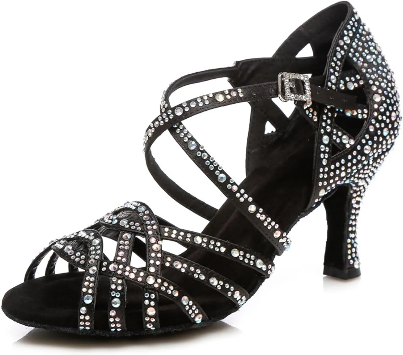 Women's Stylish Sparkle Rhinestones Peep Toe Satin Ballroom Modern Tango Party Wedding Practice Dance Shoes Black US 7.5