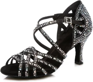 Women's Stylish Sparkle Rhinestones Peep Toe Satin Ballroom Modern Tango Party Wedding Practice Dance Shoes Black US 8