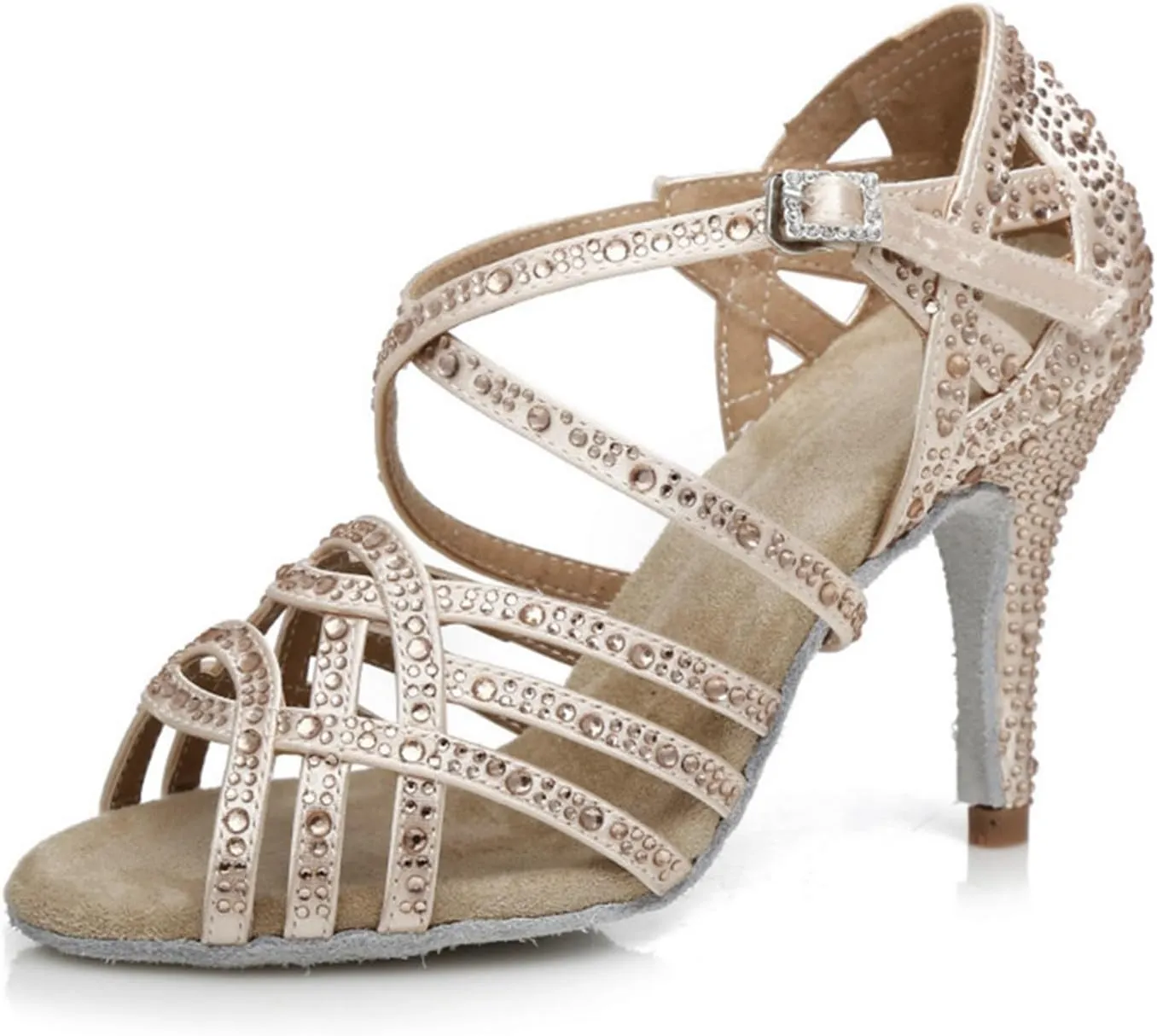 Women's Stylish Sparkle Rhinestones Peep Toe Satin Ballroom Modern Tango Party Wedding Practice Dance Shoes Nude US 9
