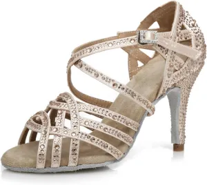 Women's Stylish Sparkle Rhinestones Peep Toe Satin Ballroom Modern Tango Party Wedding Practice Dance Shoes Nude US 9