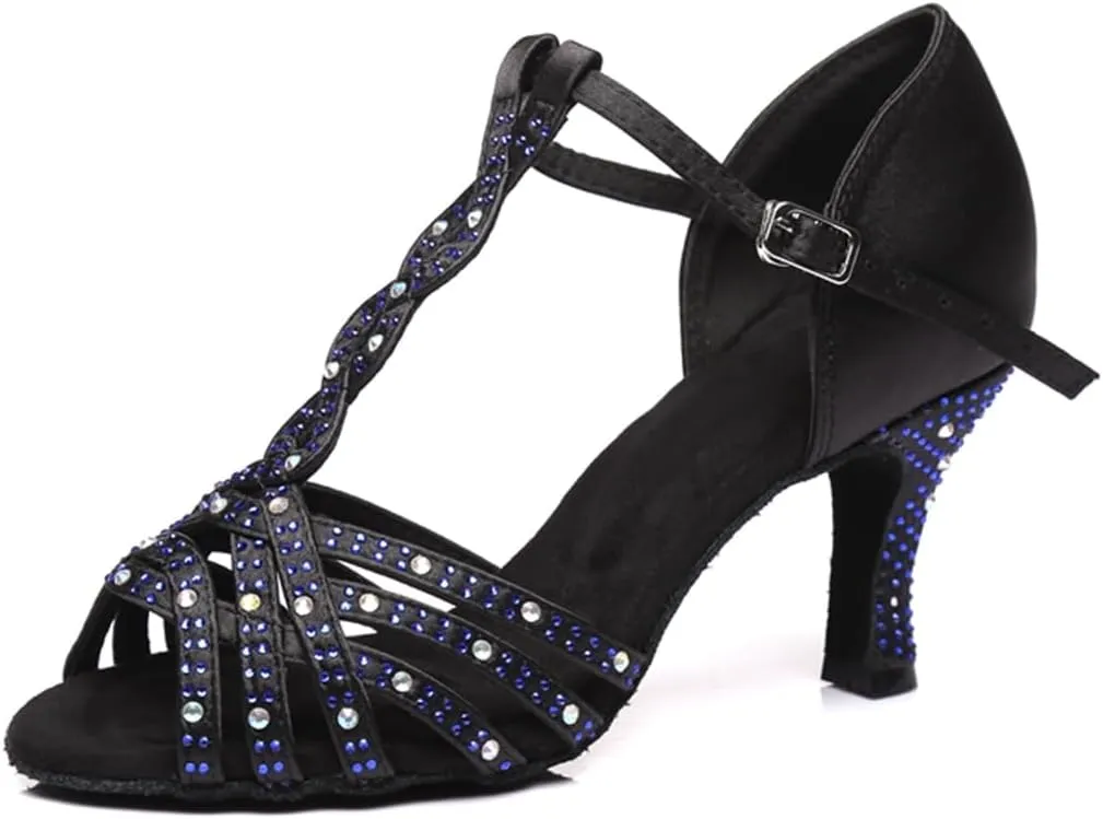 Women's Stylish Sparkle Rhinestones Peep Toe Satin Ballroom Modern Tango Party Wedding Practice Performence Dance Shoes Black US 10.5