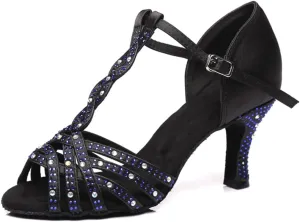 Women's Stylish Sparkle Rhinestones Peep Toe Satin Ballroom Modern Tango Party Wedding Practice Performence Dance Shoes Black US 7