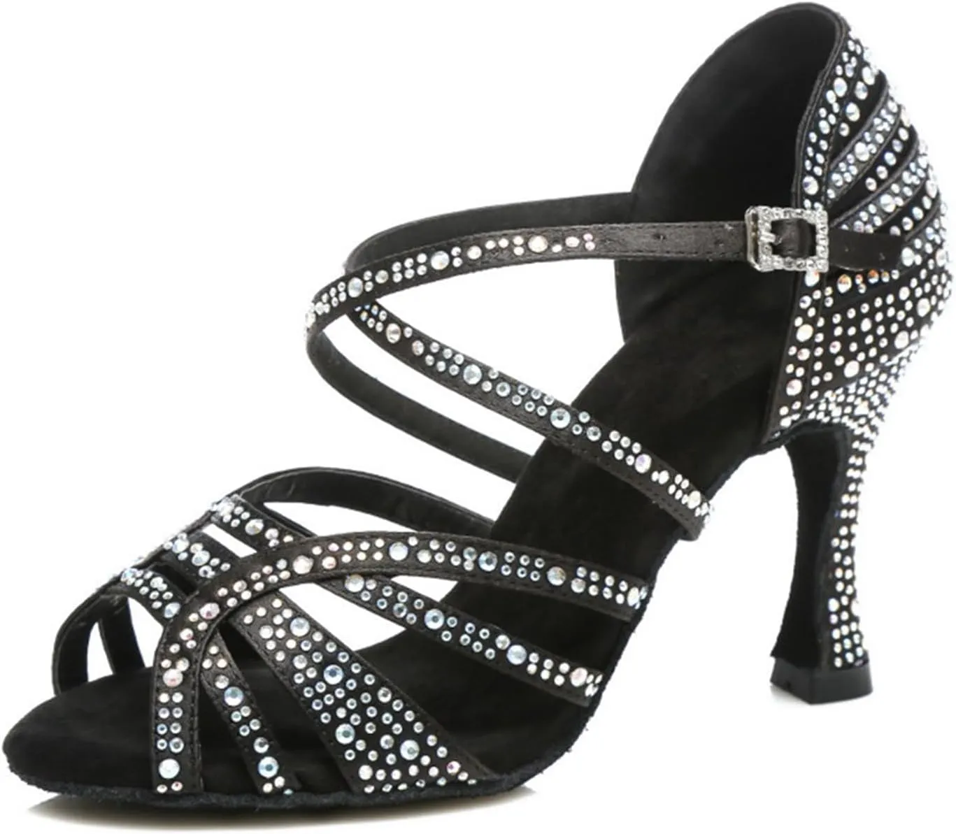 Women's Stylish Sparkle Rhinestones Peep Toe Satin Ballroom Modern Tango Party Wedding Professional Dance Shoes Black US 10.5