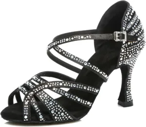 Women's Stylish Sparkle Rhinestones Peep Toe Satin Ballroom Modern Tango Party Wedding Professional Dance Shoes Black US 10.5