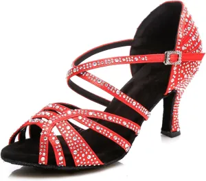 Women's Stylish Sparkle Rhinestones Peep Toe Satin Ballroom Modern Tango Party Wedding Professional Dance Shoes Red US 4