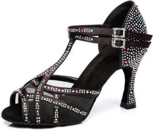 Women's Stylish Sparkle Rhinestones Peep Toe Satin Ballroom Salsa Party Wedding Practice Dance Shoes Black US 5