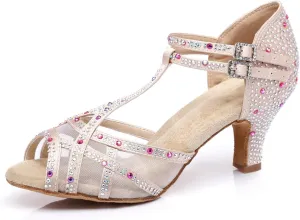 Women's Stylish Sparkle Rhinestones Peep Toe Satin Ballroom Salsa Party Wedding Practice Dance Shoes Nude US 7