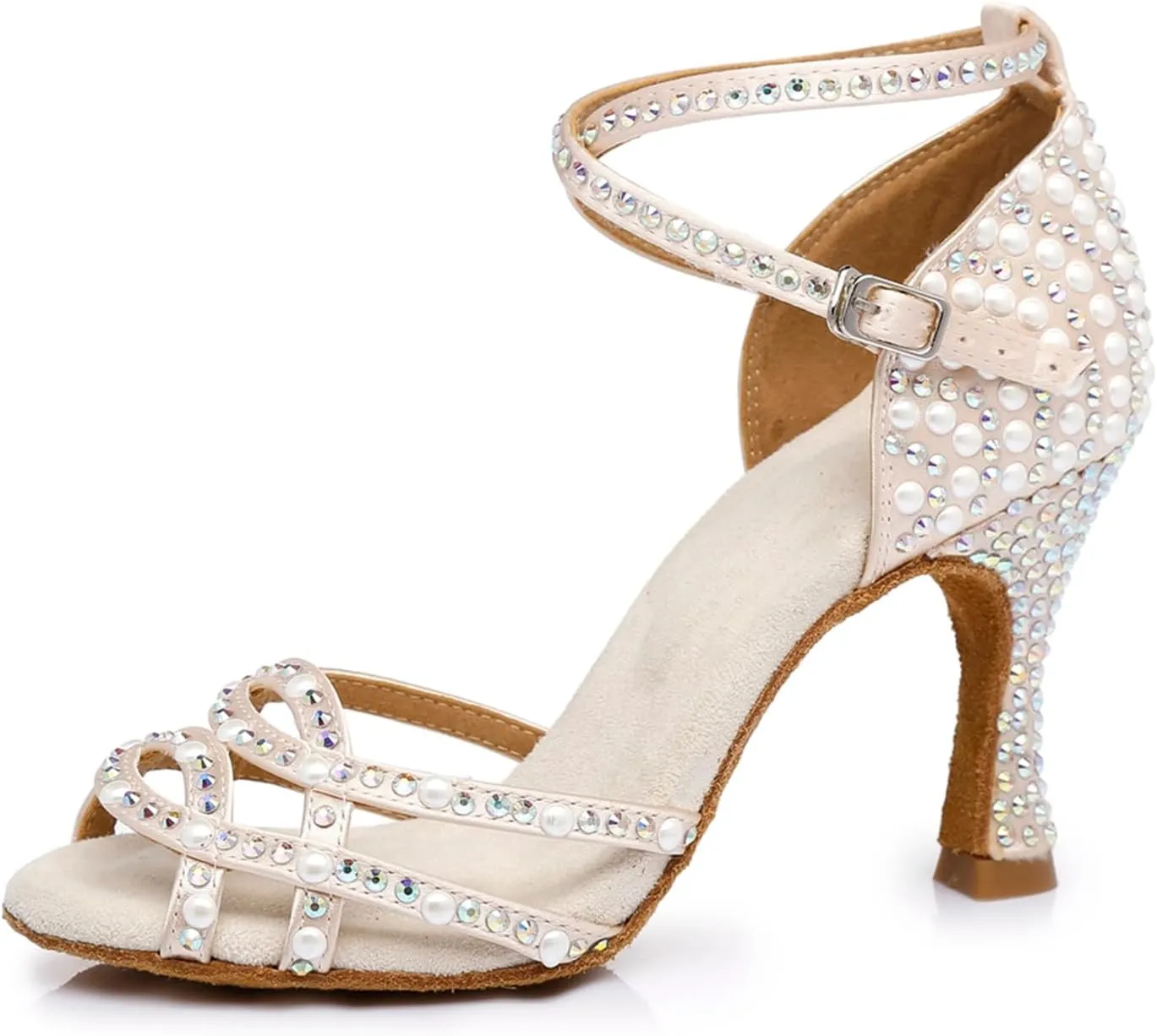 Women's Stylish Sparkle Rhinestones Peep Toe Satin Ballroom Samba Modern Party Wedding Professional Dance Shoes Nude US 10.5