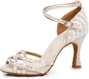 Women's Stylish Sparkle Rhinestones Peep Toe Satin Ballroom Samba Modern Party Wedding Professional Dance Shoes Nude US 10.5
