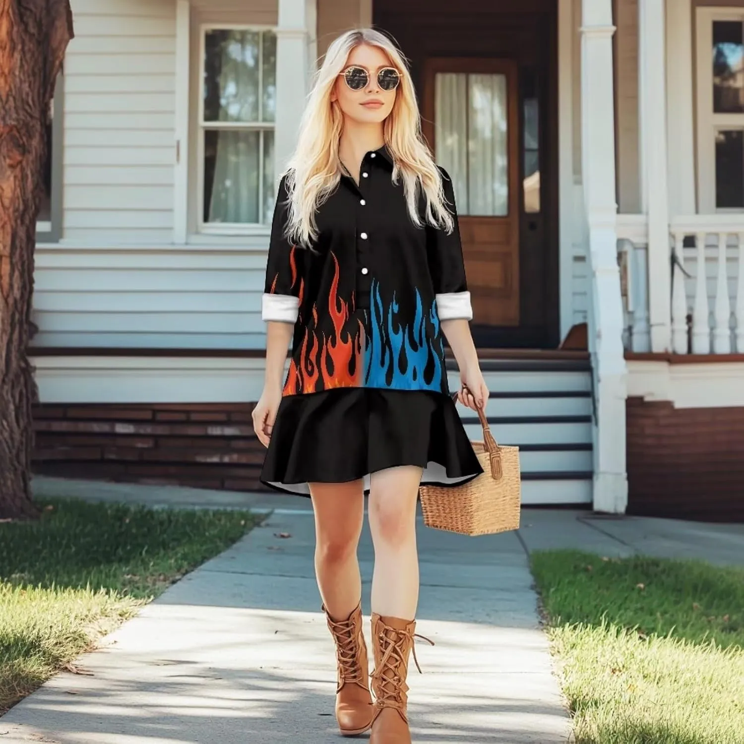 Youngerbaby Shirt Dresses for Woman Long Sleeve Mini Dresses Ruffle Hem Dresses with Pockets S-2XL