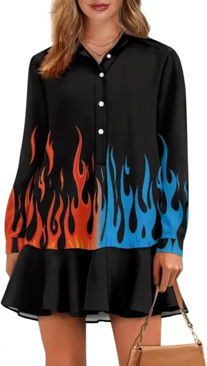 Youngerbaby Shirt Dresses for Woman Long Sleeve Mini Dresses Ruffle Hem Dresses with Pockets S-2XL